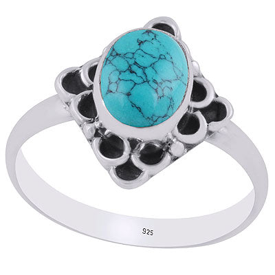 Gorgeous Oxidised Pattern Around Turquoise Oval Shape 925 Sterling Solid Silver Ring - R3403199-3