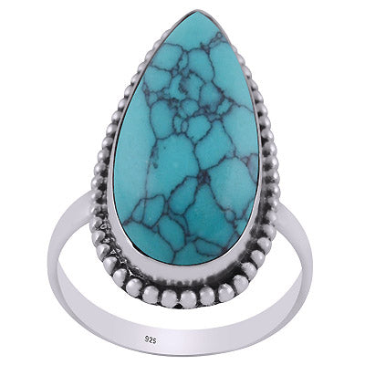 Alluring Rawa Work Around Turquoise Pear Shape 925 Sterling Solid Silver Ring - R3403212-12