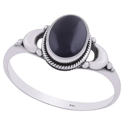 Alluring Crescent Moon Black Onyx Oval Shape 925 Sterling Solid Silver Ring - R3403224-12