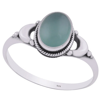 Alluring Crescent Moon Aqua Chalcedony Oval Shape 925 Sterling Solid Silver Ring - R3403224-14