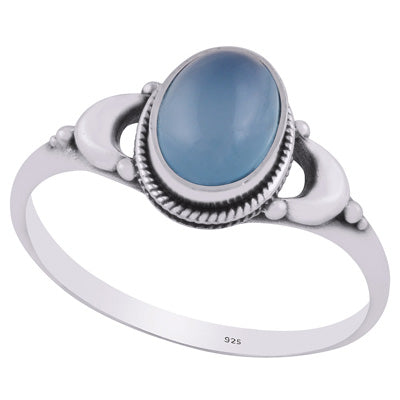 Alluring Crescent Moon Blue Chalcedony Oval Shape 925 Sterling Solid Silver Ring - R3403224-9