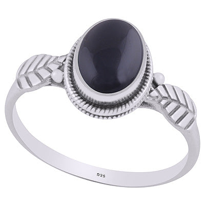Alluring Textured Leaf Around Black Onyx Oval Shape 925 Sterling Solid Silver Ring - R3403225-12