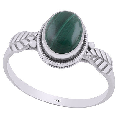 Alluring Textured Leaf Around Malachite Oval Shape 925 Sterling Solid Silver Ring - R3403225-14