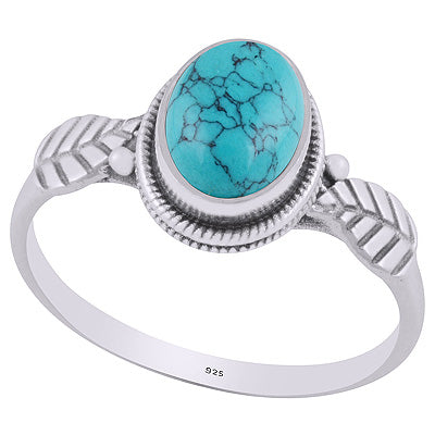 Alluring Textured Leaf Around Turquoise Oval Shape 925 Sterling Solid Silver Ring - R3403225-3