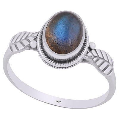 Alluring Textured Leaf Around Labradorite Oval Shape 925 Sterling Solid Silver Ring - R3403225-5