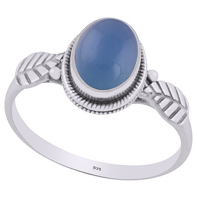 Alluring Textured Leaf Around Blue Chalcedony Oval Shape 925 Sterling Solid Silver Ring - R3403225-9