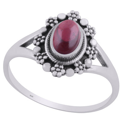 Beautifully Flower Rawa Work Around Garnet Oval Shape 925 Sterling Solid Silver Ring - R3403227-2