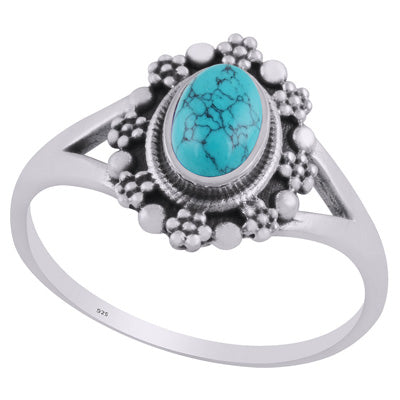 Beautifully Flower Rawa Work Around Turquoise Oval Shape 925 Sterling Solid Silver Ring - R3403227-3
