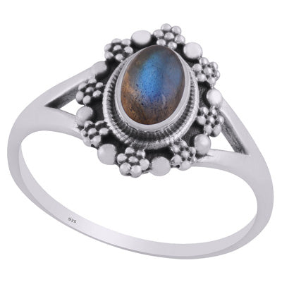 Beautifully Flower Rawa Work Around Labradorite Oval Shape 925 Sterling Solid Silver Ring - R3403227-5