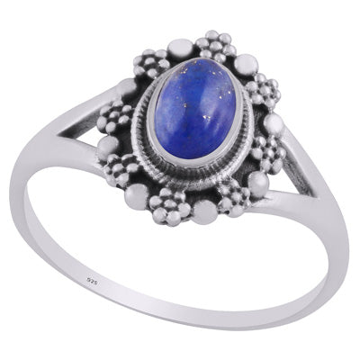 Beautifully Flower Rawa Work Around Lapis Oval Shape 925 Sterling Solid Silver Ring - R3403227-6