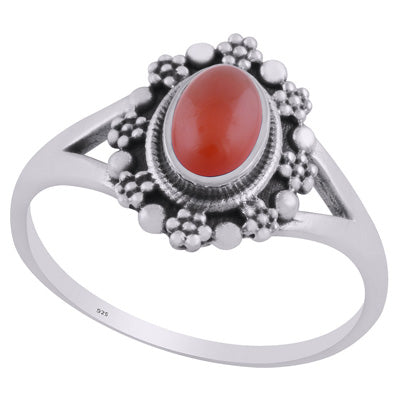 Beautifully Flower Rawa Work Around Carnelian Oval Shape 925 Sterling Solid Silver Ring - R3403227-7