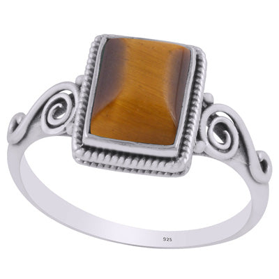 Stunning Coil Wire Work Around Tiger's Eye Rectangle Shape 925 Sterling Solid Silver Ring - R3403228-10
