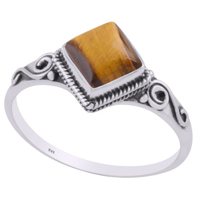 Beautiful Handcrafted Work Around Tiger's Eye Rhombus Shape 925 Sterling Solid Silver Ring - R3403230-12
