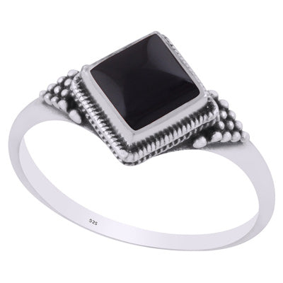 Alluring Rawa Work Around Black Onyx Rhombus Shape 925 Sterling Solid Silver Ring - R3403231-14