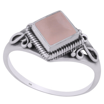 Beautifully Handcrafted Wire Work Around Rose Quartz Rhombus Shape 925 Sterling Solid Silver Ring - R3403232-15
