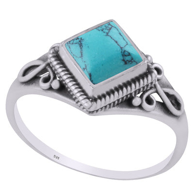 Beautifully Handcrafted Wire Work Around Turquoise Rhombus Shape 925 Sterling Solid Silver Ring - R3403232-3