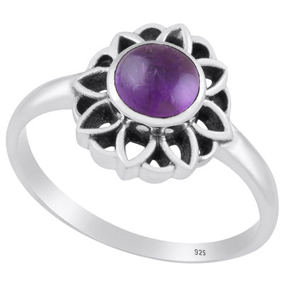 Gorgeous Oxidised Flower Work Amethyst Round Shape 925 Sterling Solid Silver Ring - R3403241-1