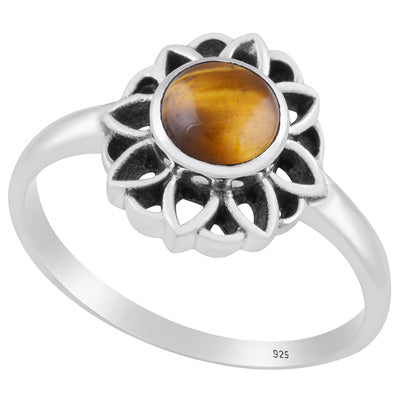 Gorgeous Oxidised Flower Work Tiger's Eye Round Shape 925 Sterling Solid Silver Ring - R3403241-10