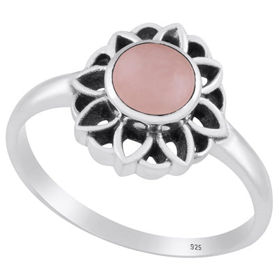 Gorgeous Oxidised Flower Work Rose Quartz Round Shape 925 Sterling Solid Silver Ring - R3403241-11