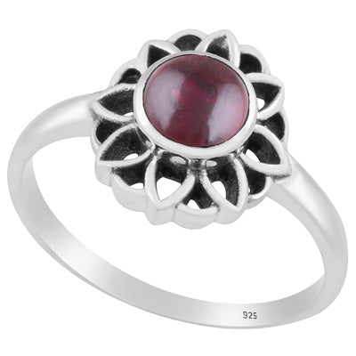 Gorgeous Oxidised Flower Work Garnet Round Shape 925 Sterling Solid Silver Ring - R3403241-2