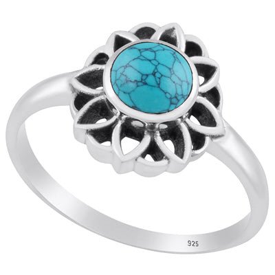 Gorgeous Oxidised Flower Work Turquoise Round Shape 925 Sterling Solid Silver Ring - R3403241-3