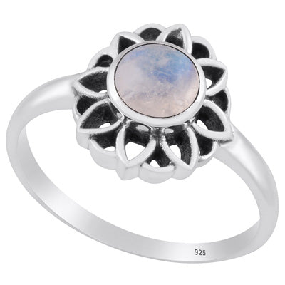 Gorgeous Oxidised Flower Work Rainbow Moonstone Round Shape 925 Sterling Solid Silver Ring - R3403241-4