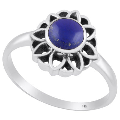 Gorgeous Oxidised Flower Work Lapis Round Shape 925 Sterling Solid Silver Ring - R3403241-6