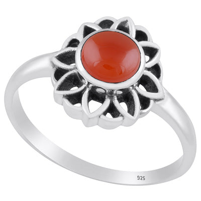 Gorgeous Oxidised Flower Work Carnelian Round Shape 925 Sterling Solid Silver Ring - R3403241-7