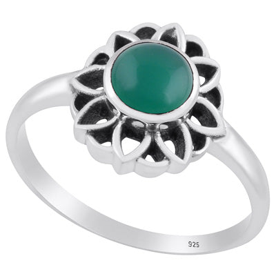 Gorgeous Oxidised Flower Work Green Onyx Round Shape 925 Sterling Solid Silver Ring - R3403241-8