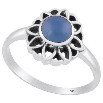 Gorgeous Oxidised Flower Work Blue Chalcedony Round Shape 925 Sterling Solid Silver Ring - R3403241-9