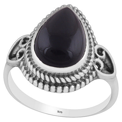 Beautiful Rawa Work Around Black Onyx Pear Shape 925 Sterling Solid Silver Ring - R3403247-14