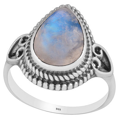 Beautiful Rawa Work Around Rainbow Moonstone Pear Shape 925 Sterling Solid Silver Ring - R3403247-4