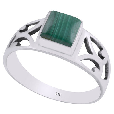 Alluring Cut Work Around Malachite Square Shape 925 Sterling Solid Silver Ring - R3403248-12