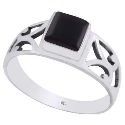 Alluring Cut Work Around Black Onyx Square Shape 925 Sterling Solid Silver Ring - R3403248-14