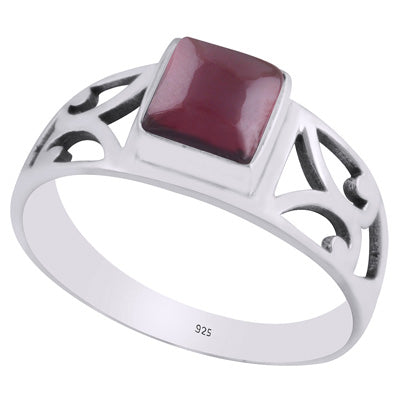 Alluring Cut Work Around Garnet Square Shape 925 Sterling Solid Silver Ring - R3403248-2