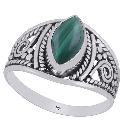 Beautiful Handcrafted Work Around Malachite Marquise Shape 925 Sterling Solid Silver Ring - R3403252-42