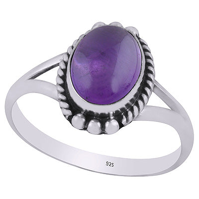 Alluring Oxidised Rawa Work Around Amethyst Oval Shape 925 Sterling Solid Silver Ring - R3403263-1