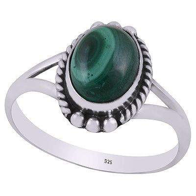 Alluring Oxidised Rawa Work Around Malachite Oval Shape 925 Sterling Solid Silver Ring - R3403263-12