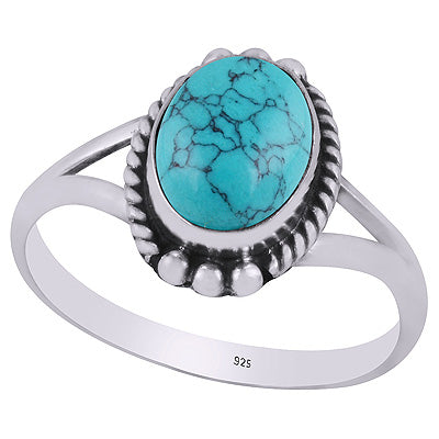 Alluring Oxidised Rawa Work Around Turquoise Oval Shape 925 Sterling Solid Silver Ring - R3403263-3