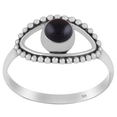 Gorgeous Rawa Work Eye Around Black Onyx Round Shape 925 Sterling Solid Silver Ring - R3403264-15