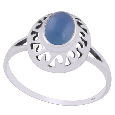 Stunning Pattern Cut Work Around Blue Chalcedony Oval Shape 925 Sterling Solid Silver Ring - R3403286-13