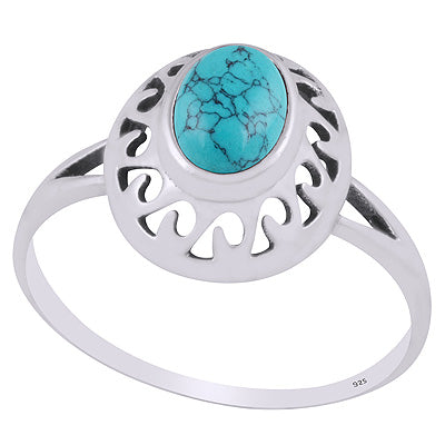 Stunning Pattern Cut Work Around Turquoise Oval Shape 925 Sterling Solid Silver Ring - R3403286-3