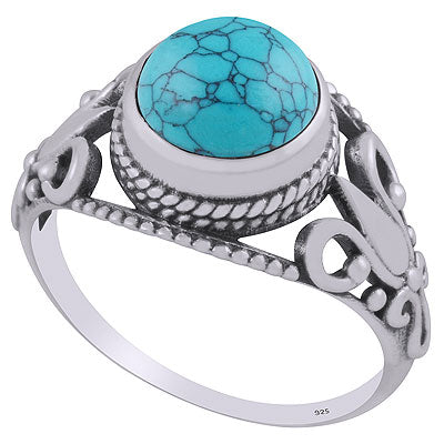 Alluring Rawa & Wire work Around Turquoise Round Shape 925 Sterling Solid Silver Ring - R3403289-3
