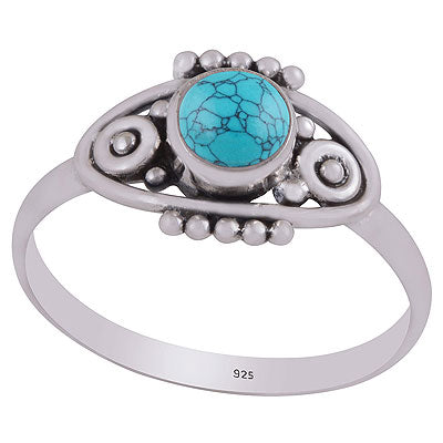 Alluring Handcrafted Rawa Work Around Turquoise Round Shape 925 Sterling Solid Silver Ring - R3403302-3