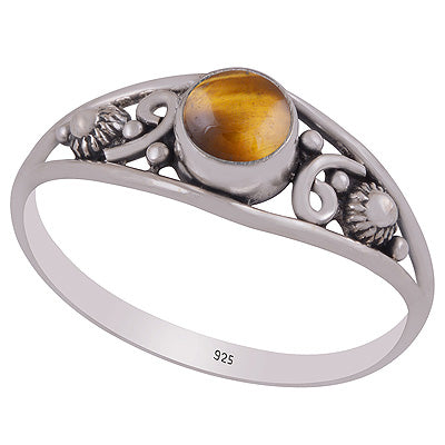 Gorgeous Rawa & Work Around Tiger's Eye Round Shape 925 Sterling Solid Silver Ring - R3403303-11
