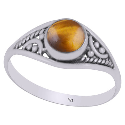 Stunning Rawa & Wire Work Around Tiger's Eye Round Shape 925 Sterling Solid Silver Ring - R3403304-11