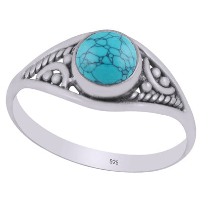 Stunning Rawa & Wire Work Around Turquoise Round Shape 925 Sterling Solid Silver Ring - R3403304-3