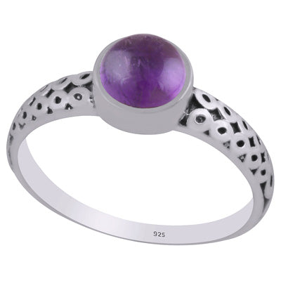 Alluring Oxidised Handcrafted Work Around Amethyst Round Shape 925 Sterling Solid Silver Ring - R3403307-1