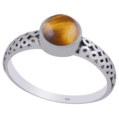 Alluring Oxidised Handcrafted Work Around Tiger's Eye Round Shape 925 Sterling Solid Silver Ring - R3403307-11