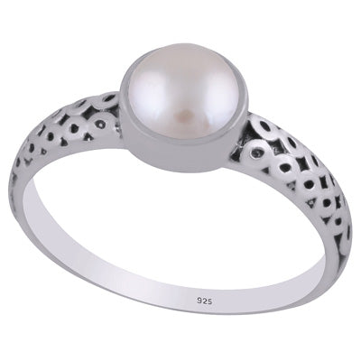 Alluring Oxidised Handcrafted Work Around Pearl Round Shape 925 Sterling Solid Silver Ring - R3403307-15